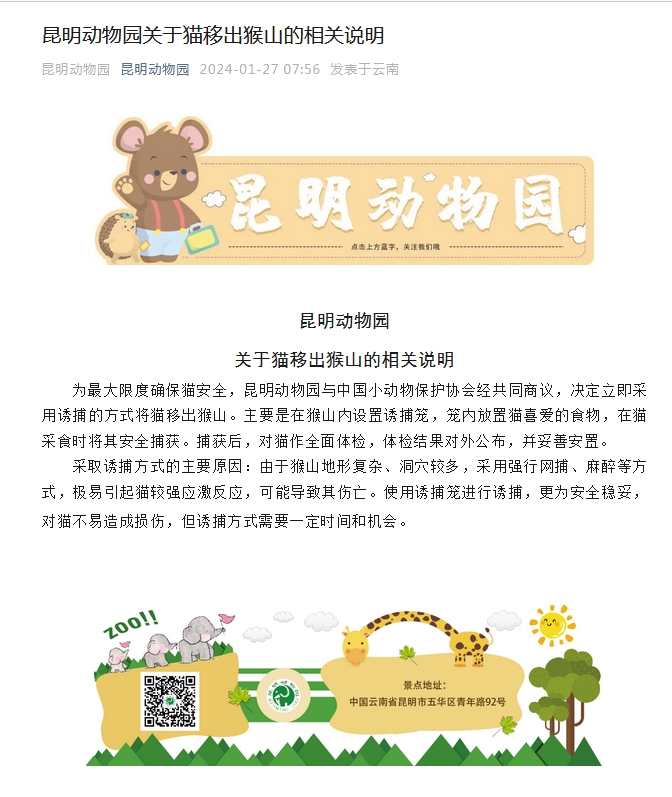 昆明动物园：决定立即采用诱捕方式将猫移出猴山