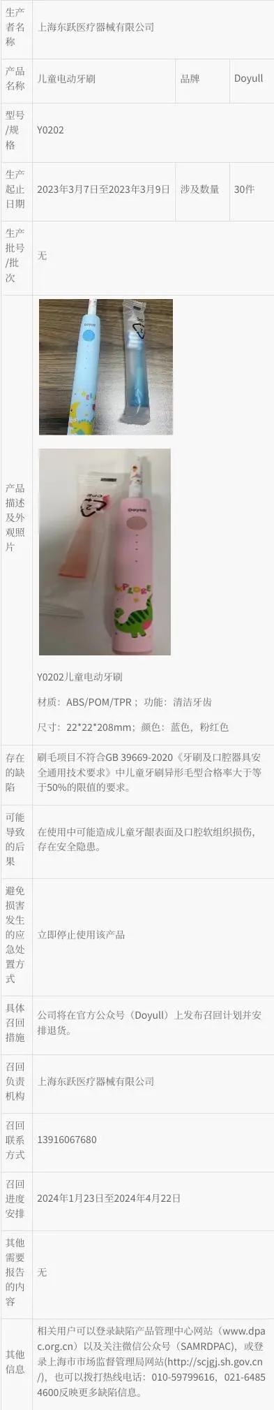 上海东跃医疗器械有限公司召回部分Doyull牌儿童电动牙刷(图2)