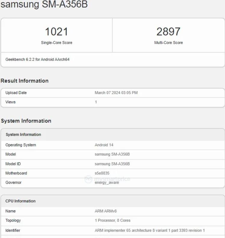 三星Galaxy A35 5G全球机型现身Geekbench 带有6GB RAM(图1)