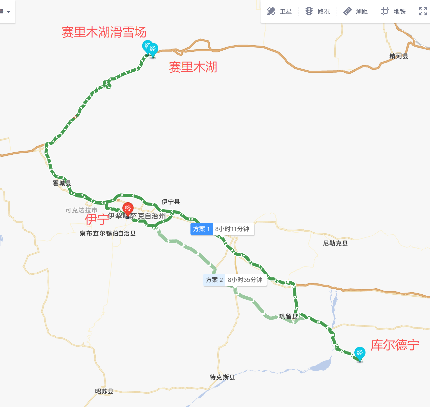 无人之境伊犁冬季线路地图：伊宁—库尔德宁—赛里木湖