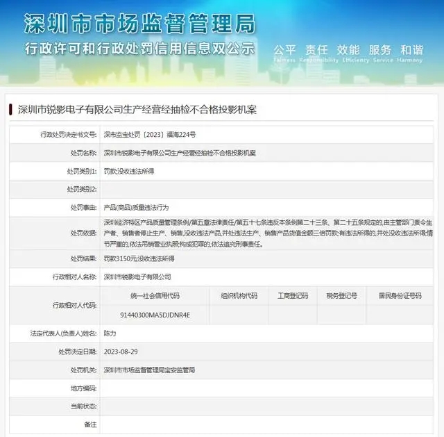 深圳市锐影电子有限公司生产经营经抽检不合格投影机案
