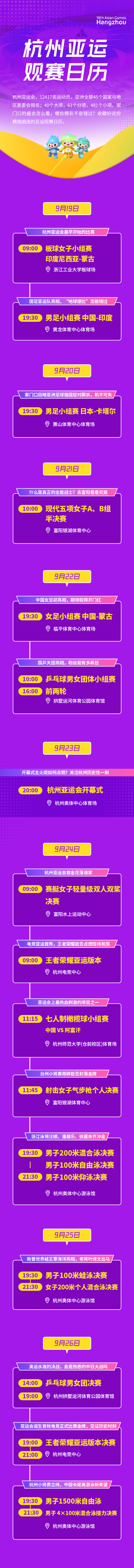 20个比赛日亮点何在？收藏好这份杭州亚运观赛日历