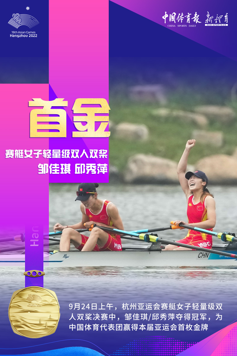 亚运首金来了！中国赛艇女子双人双桨组合夺冠